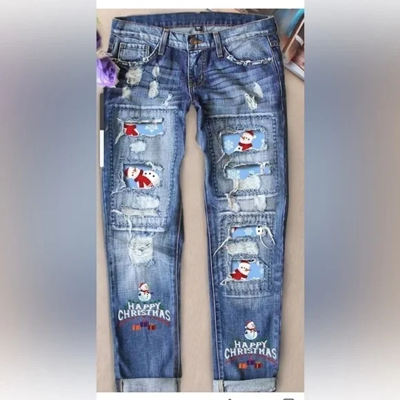women boyfriend ripped Christmas jeans snowman’s inside holes size XL - Picture 1 of 5